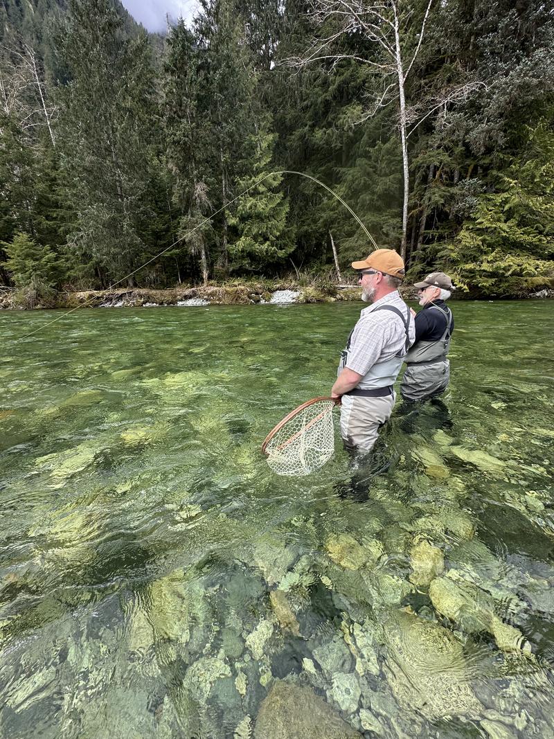 Two anglers fly fishing in a clear river with a forest background.